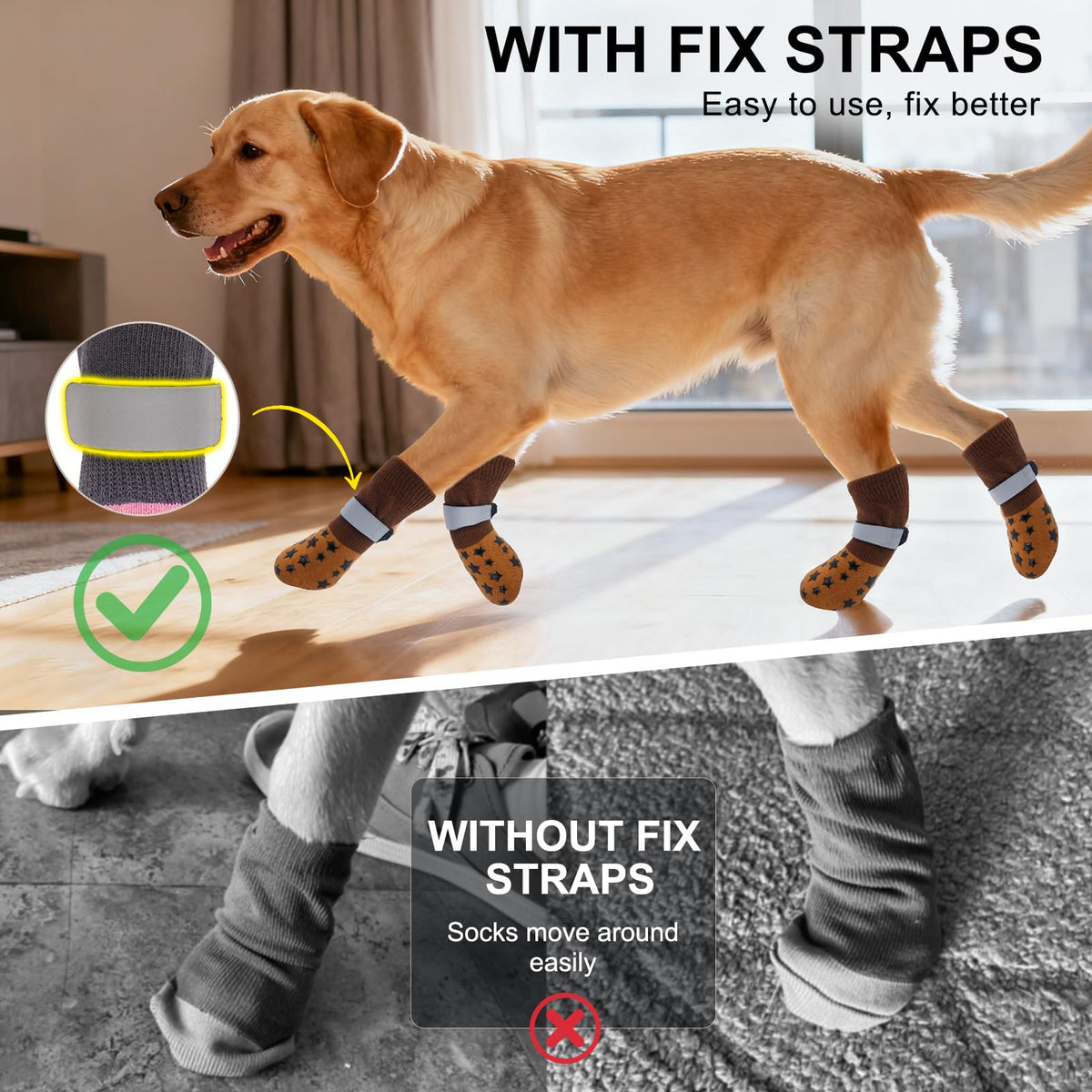 Dog Socks to Prevent Licking Paws Double Sided Grip Traction (khaki / XS(1.5"-1.7" W | Pack of 4))