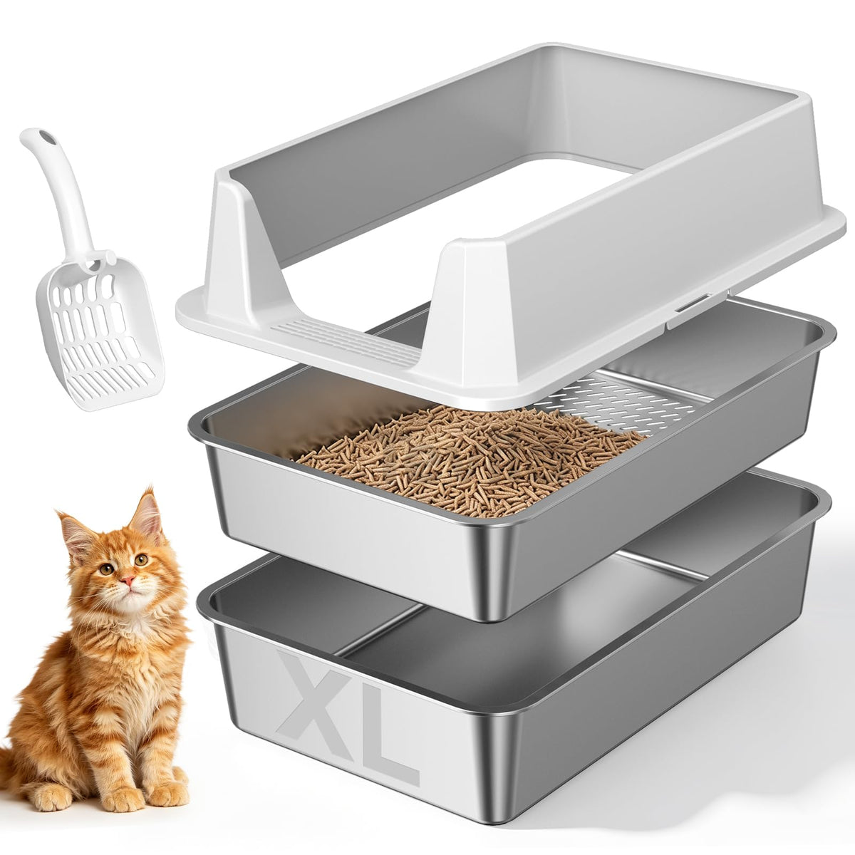 Stainless Steel Sifting Cat Litter Box for Pine Pellets (Light Gray-sifter)