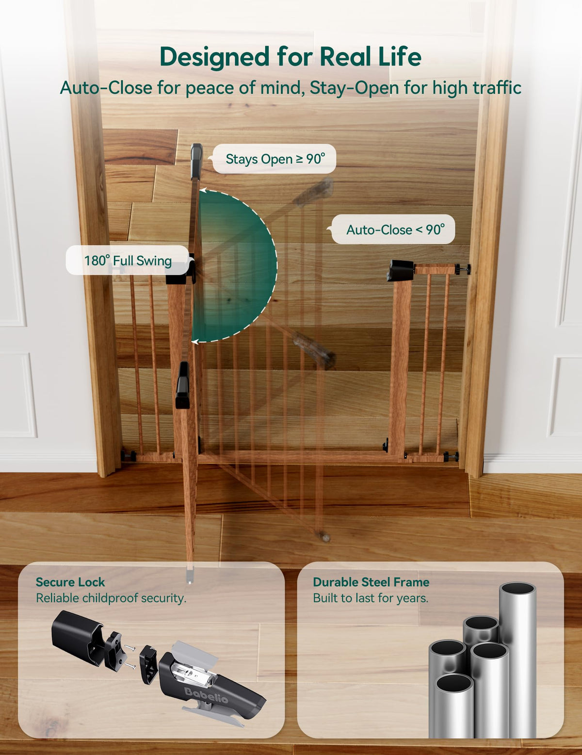 26 40 in Pressure Mounted Baby Gate for Stairs (Brown Wood Pattern / 30"Tall 26"-40" Wide)