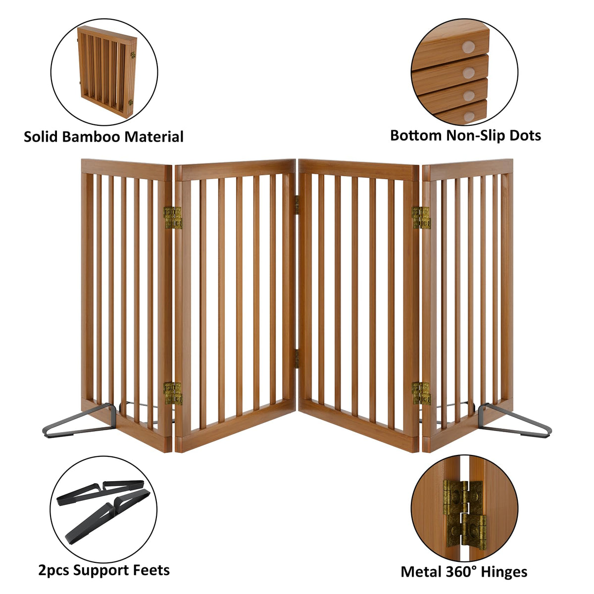 Freestanding Pet Gate Foldable 4 Panel Dog Gate Walnut Dog Gates for Stair Doorways House Indoor (Walnut / 4 Panel - 74 inches Wide)