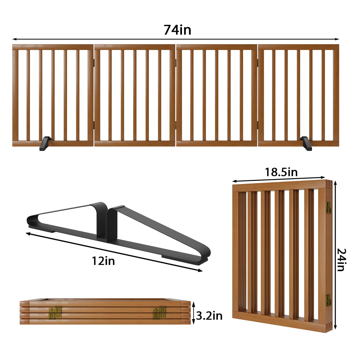 Freestanding Pet Gate Foldable 4 Panel Dog Gate Walnut Dog Gates for Stair Doorways House Indoor (Walnut / 4 Panel - 74 inches Wide)