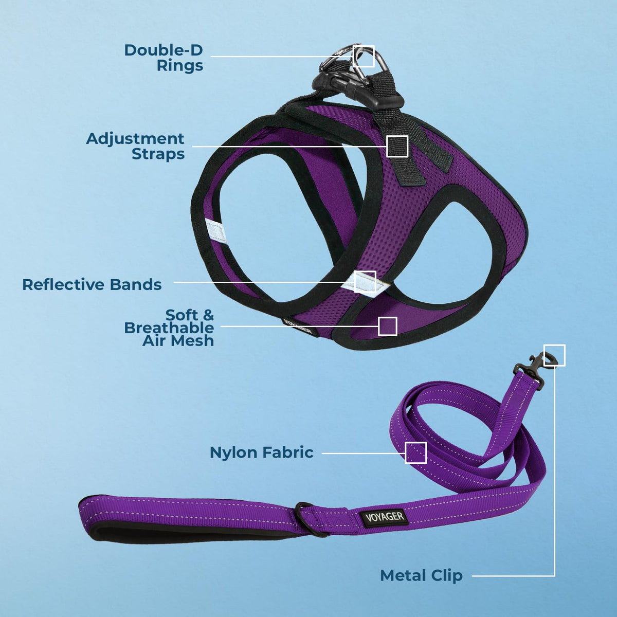 Voyager Step in Air All Weather Mesh Harness and Reflective Dog 5ft Leash Combo with Neoprene Handle (Purple/Black Trim / L (Chest: 18 - 20.5"))