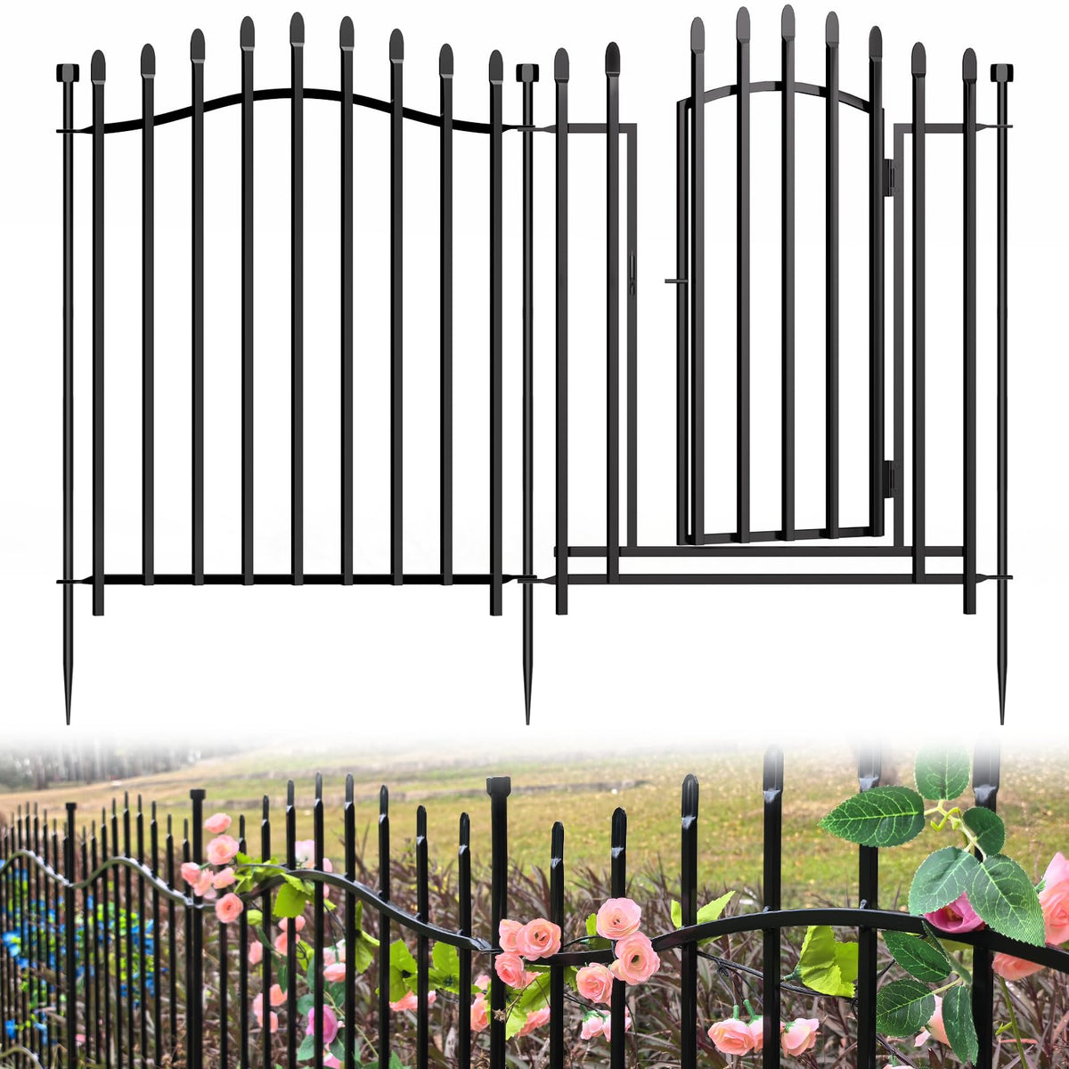 Metal Decorative Garden Fence 32" H x 22.5'L with Gate Yard Dog Panels (32 in(H) X 22.5 ft(L))
