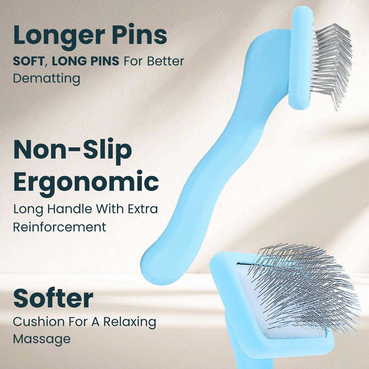 Pet Slicker Brush With Soft Massage Grooming Stainless Steel Pins (Baby Blue / Flat Medium)