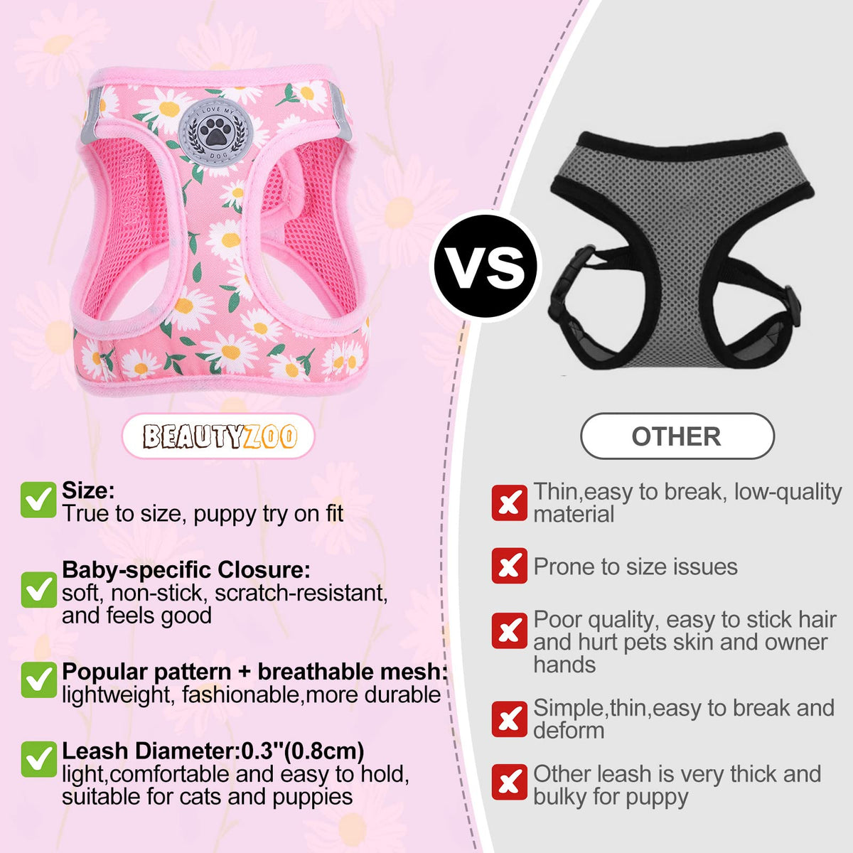Small Dog Harness and Leash Set (XX-Small(Chest Girth 11.5"-13") / Pink Daisy)