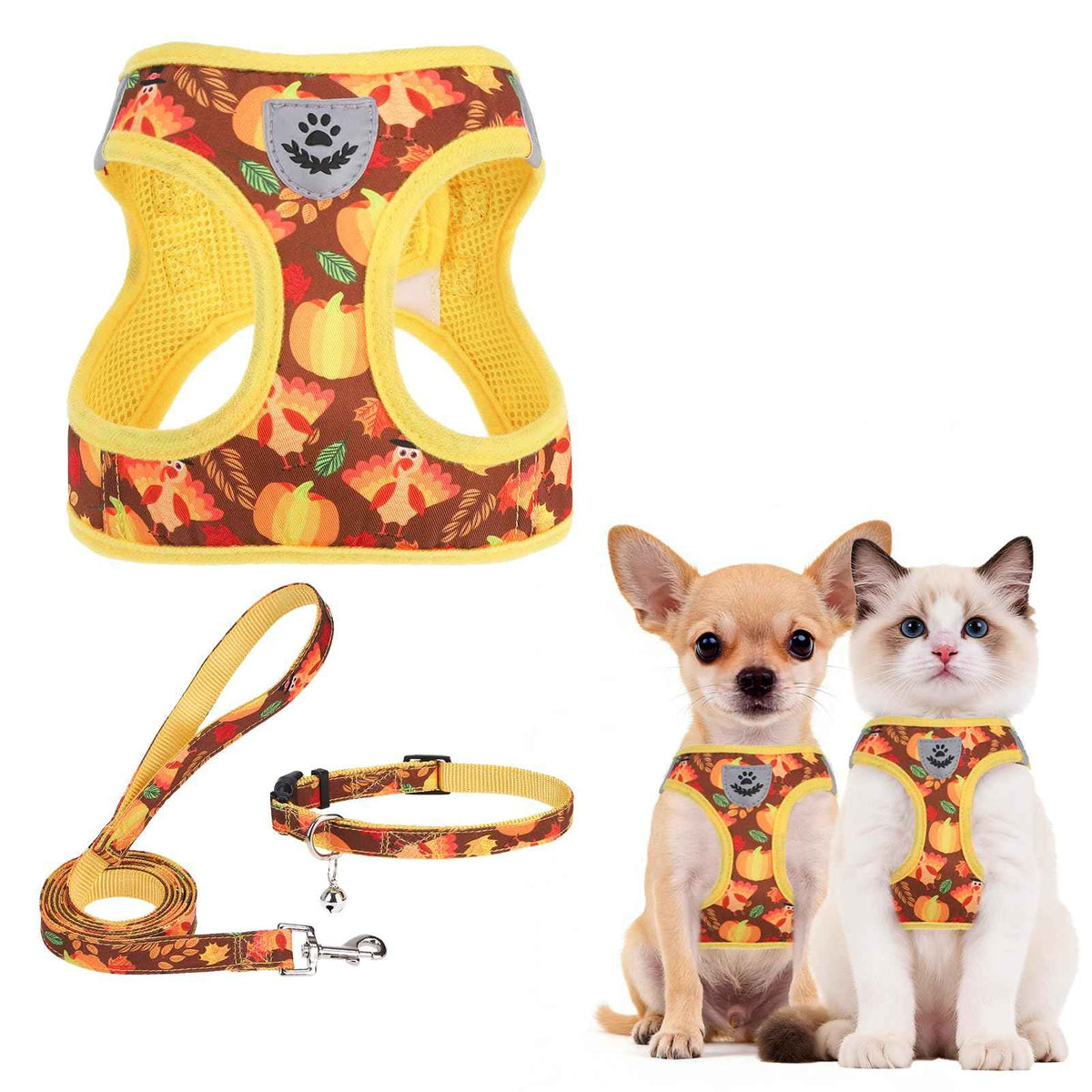 Dog Harness Collar and Leash Set No Pull for Small Medium Sized (Brown&Yellow (Fall) / XXS (CHEST 11.5"-13"))