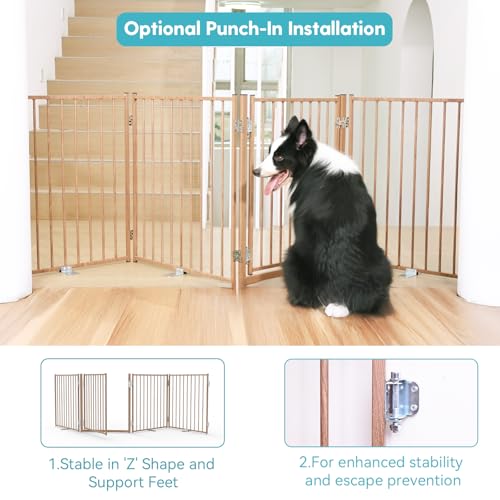 Freestanding Dog Gate with Door for Indoor & Outdoor (Brown / 【4 Panels with Door】104"W×30"H)
