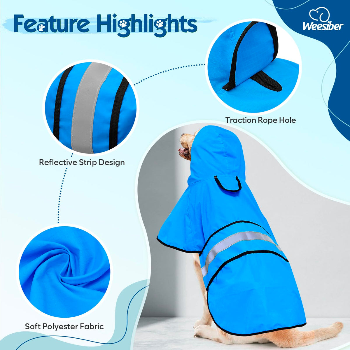 Dog Raincoat Adjustable Dog Rain Jacket Hooded Poncho Slicker (Large / Blue)