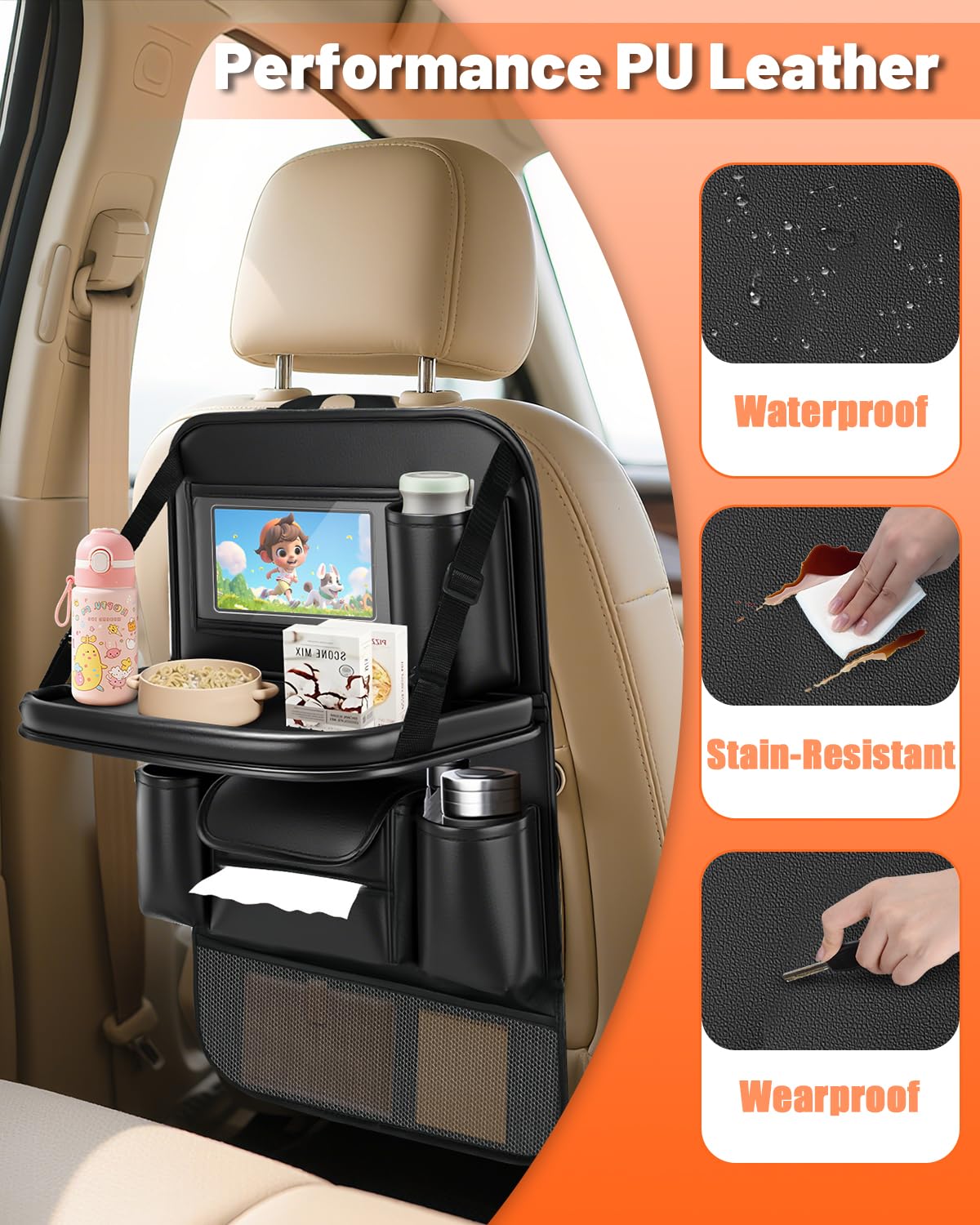 2 Pack Leather Car Backseat Organizer with Foldable Table Tray (2PCS)