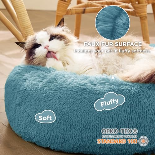 Calming Cat Beds Donut Round Washable Kitten Bed (20"L x 20"W x 6"Th / Washed Blue)