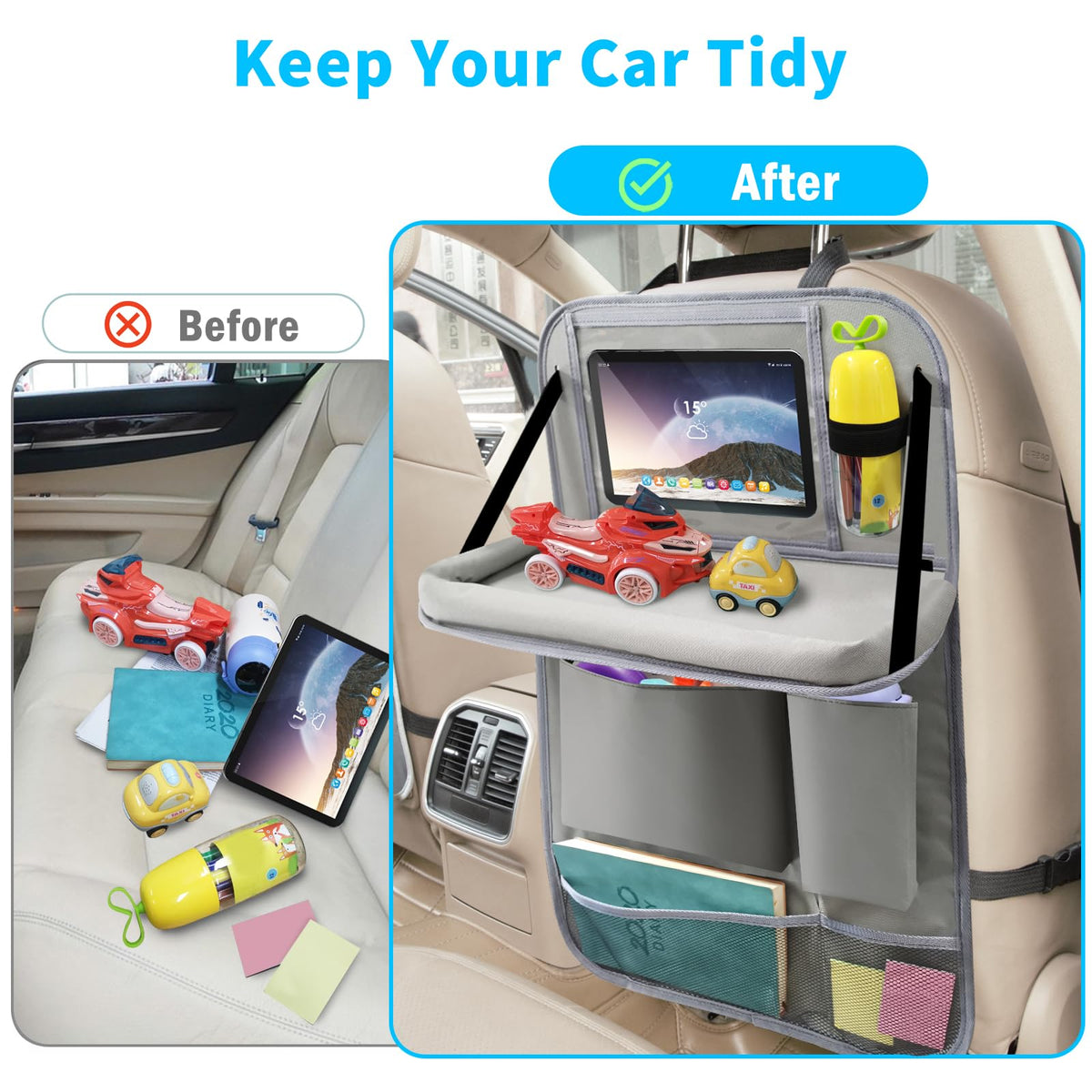 Car Backseat Organizer with Tablet Holder (2Pack / Grey)