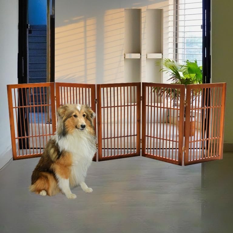 Pet Dog Gate Freestanding (5 Panel 30" Tall / Brown Pet Gate)