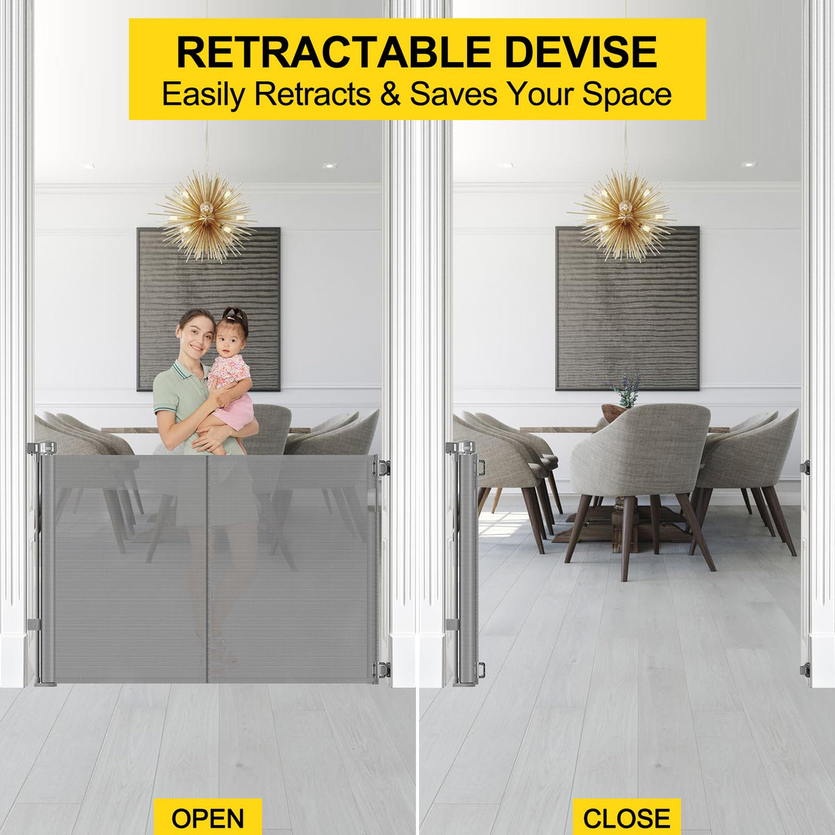 Reinforced 42" Extra Tall Retractable Baby Gates (Gray / Reinforced 42" Tall X 60" Wide)