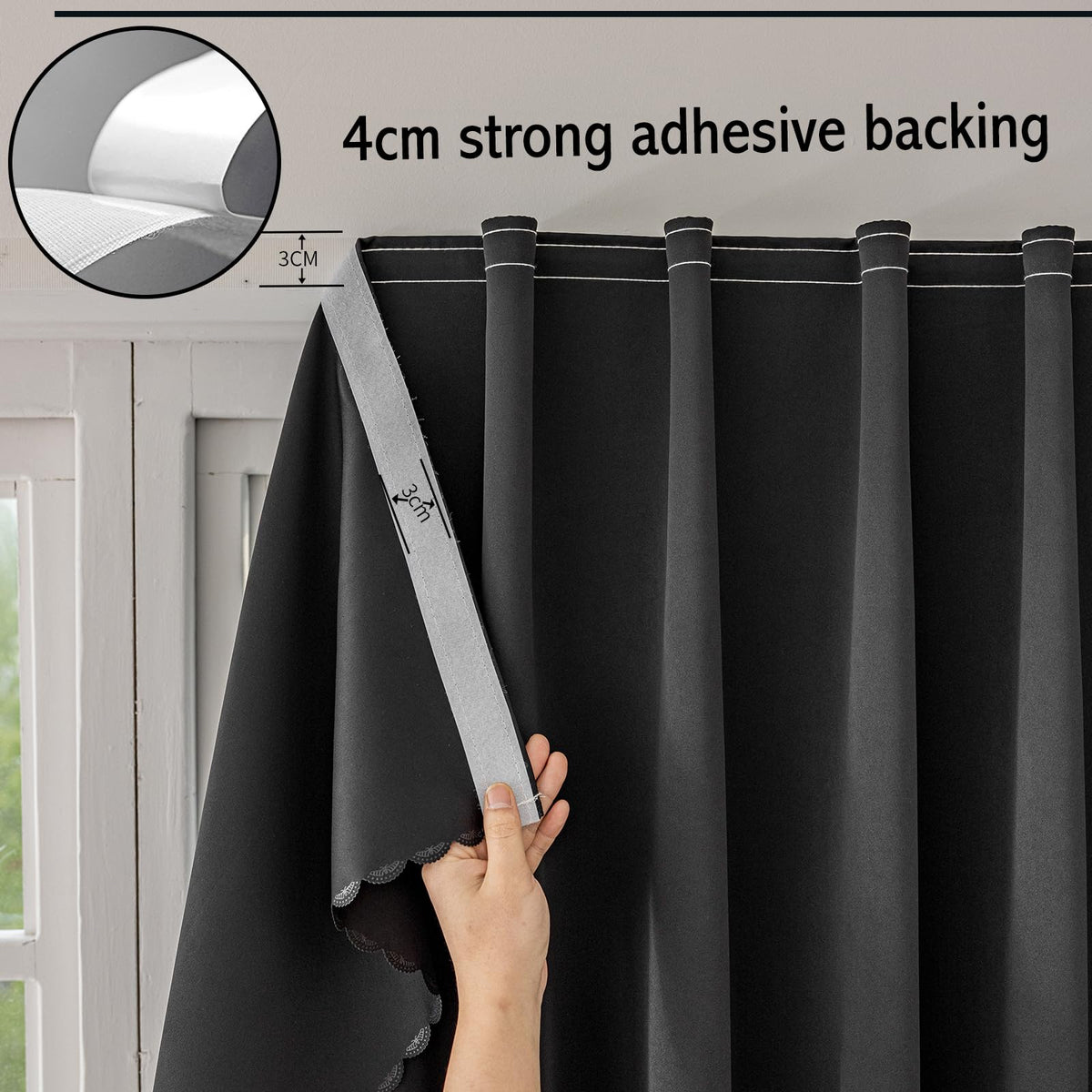 Magic Tape Stick on Curtains Blackout Curtains for Bedroom no Drillng Self Adhesive Curtain no Rod Small Window (Black / 35"W x 40"L (Pack of 2))