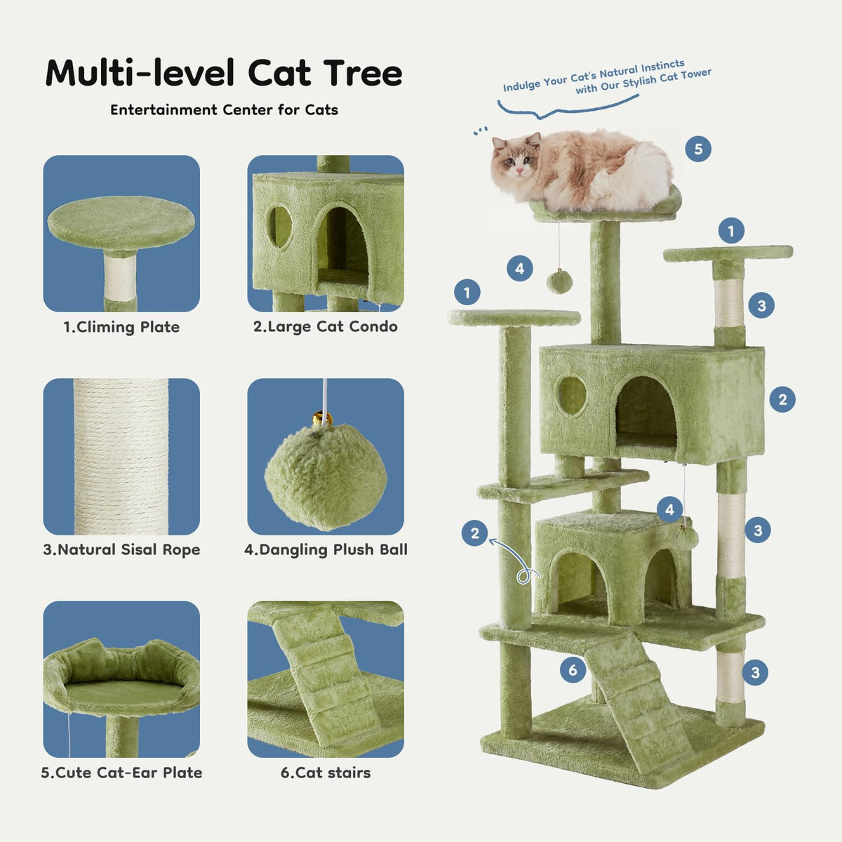 54 in Cat Tree Tower with Natural Sisal Scratching Post (Green / 54"×19.7"×19.7")