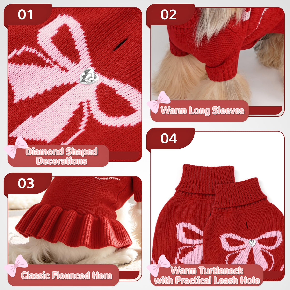 Bowknot Dog Sweater Dress for Small Dogs Girl (Medium (8-14lbs) / Red)