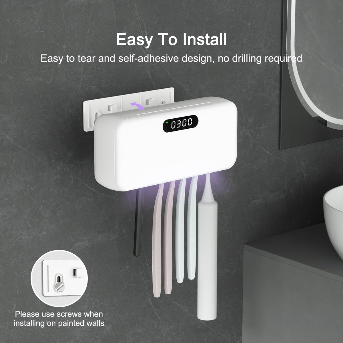 UV Toothbrush Sanitizer and Holder for Bathroom (White-for Family)