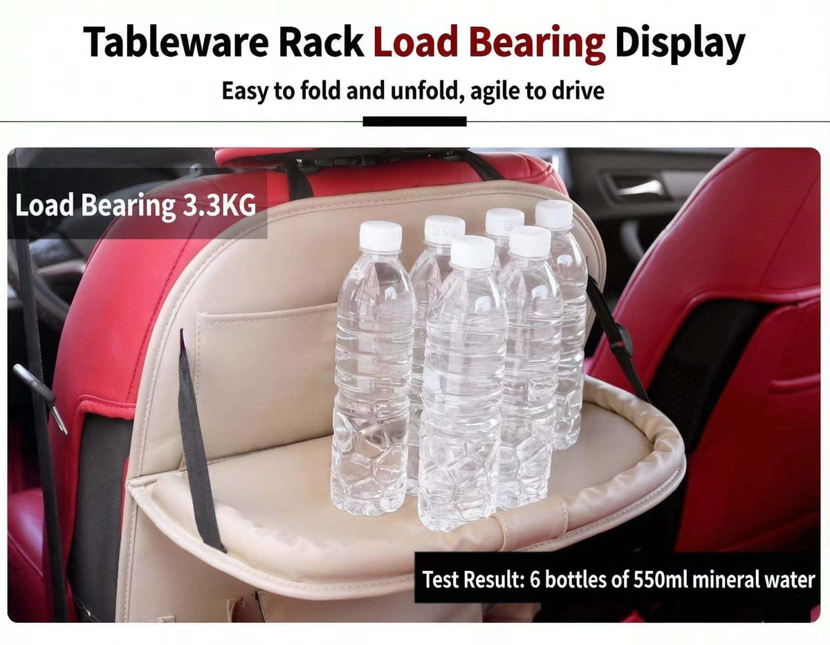 Premium PU Leather Backseat Seat Organizer with Foldable Table (2 Pack / Beige)