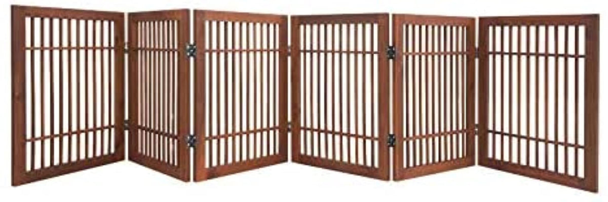 Freestanding Wooden Dog Gate Foldable Indoor Pet Gate No Drill Expandable Barrier for Doorways Stairs Hallways Portable Wood Fence for Small Dogs & Puppies (6 Panel 24" Tall / Brown Pet Gate)