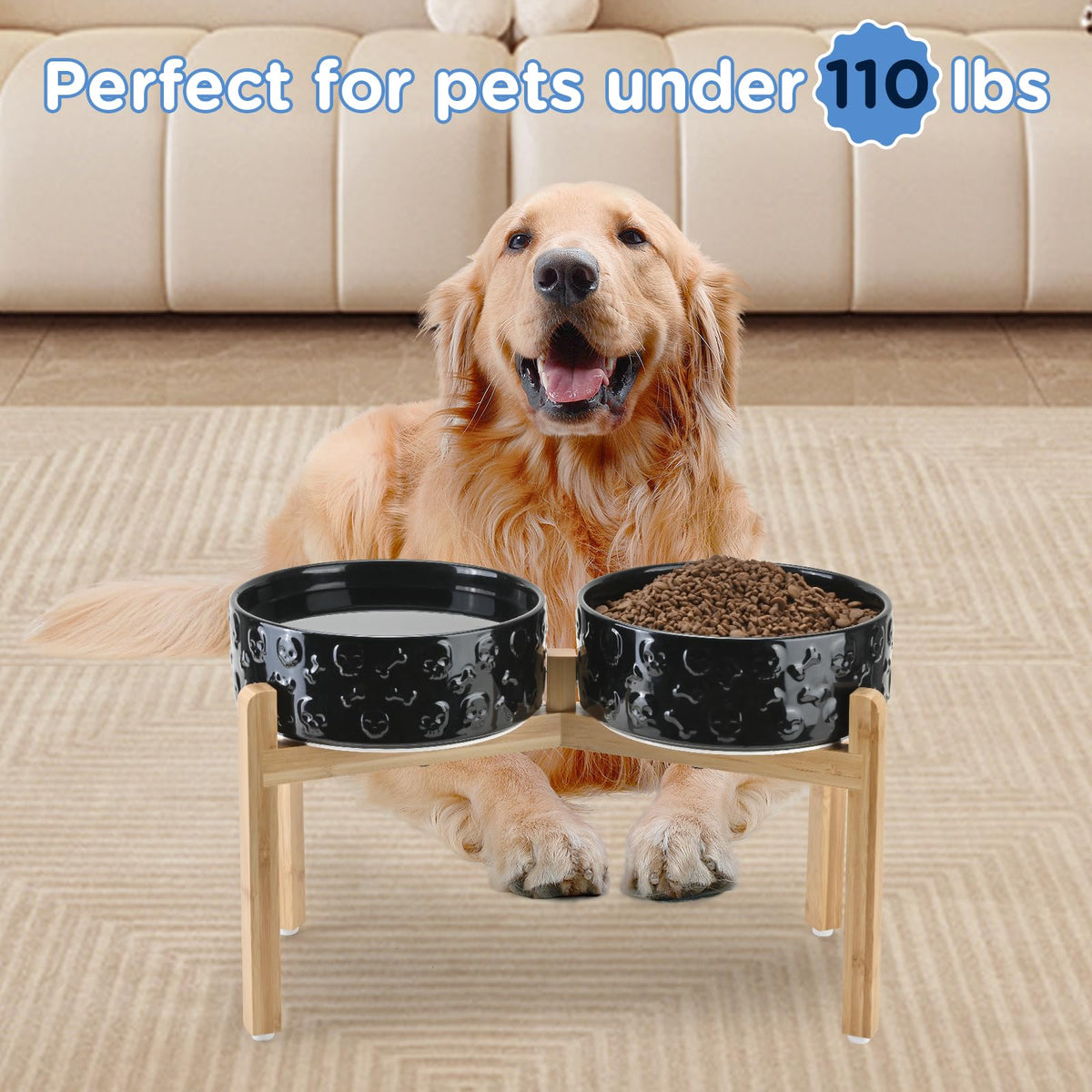 Elevated Dog Bowls Ceramic (8.3 in - 7.6 cups / Black- Skull)
