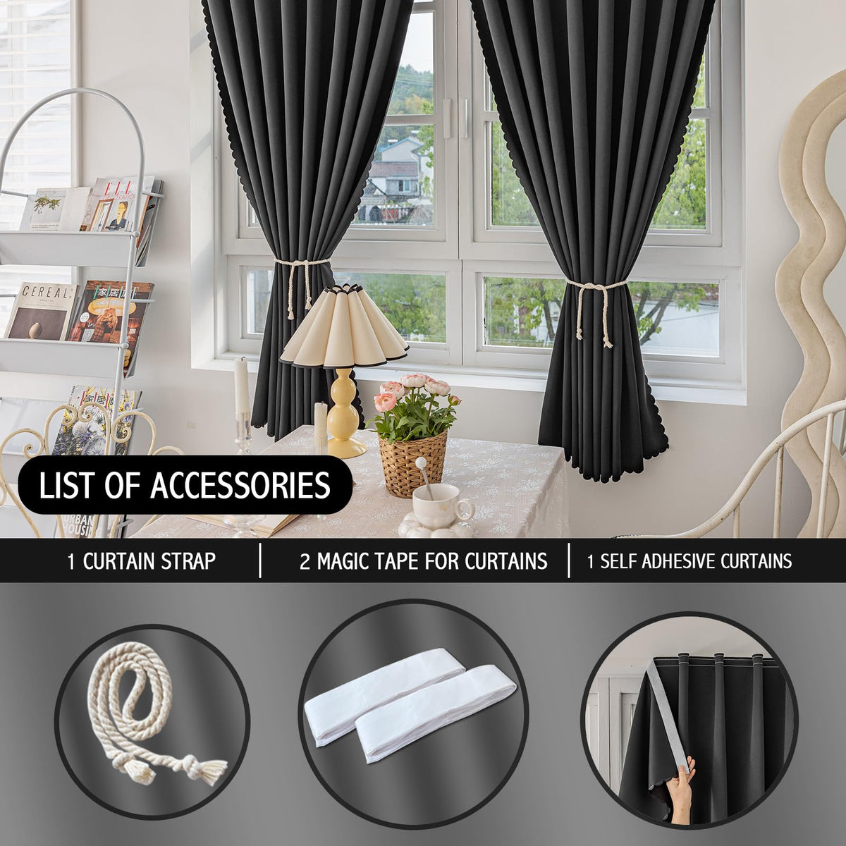 Magic Tape Stick on Curtains Blackout Curtains for Bedroom no Drillng Self Adhesive Curtain no Rod Small Window (Black / 35"W x 40"L (Pack of 2))