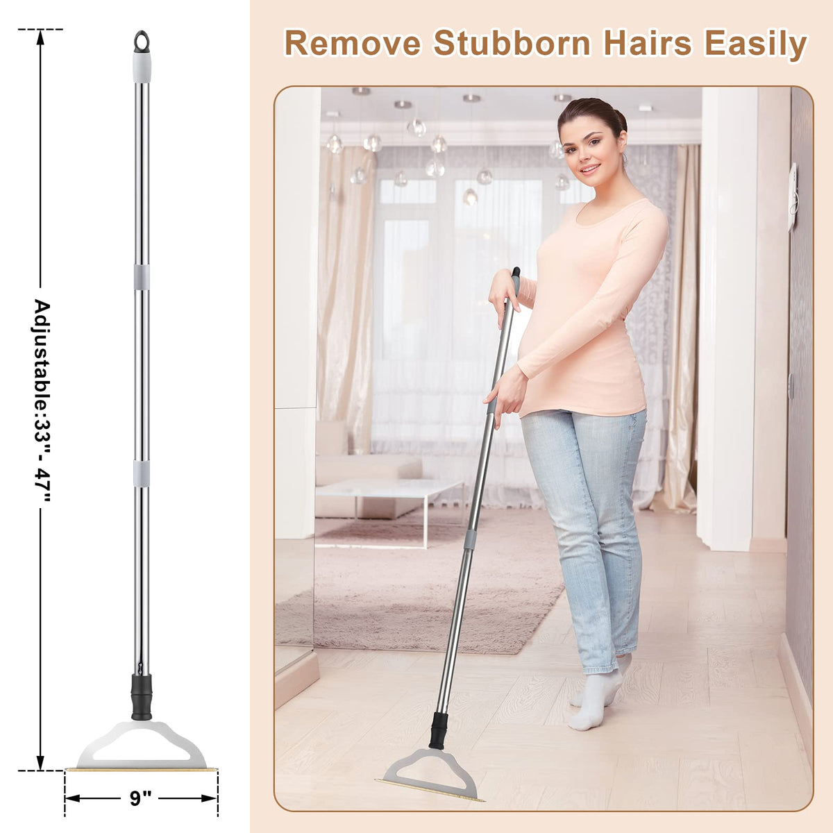 47“ Adjustable Long Handle Carpet Rake Pet Hair Remover