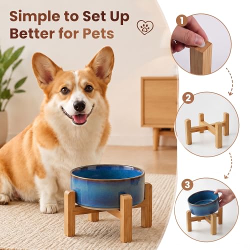 Elevated Ceramic Dog Bowl with Bamboo Stand (Deep Blue / 3.6Cup)