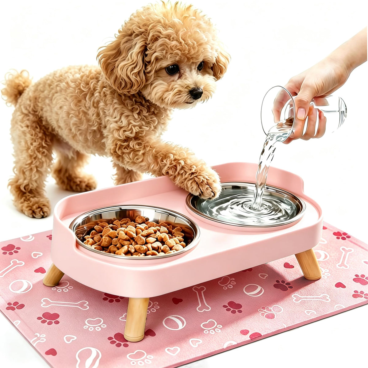 Elevated Dog Bowls with Mat (Pink)