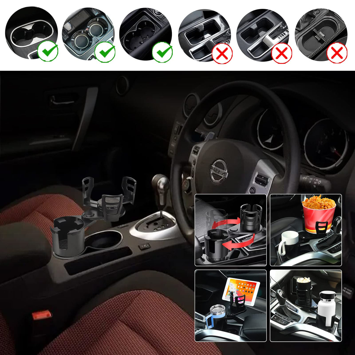 Cup Holder Expander for car 2 in 1 Multifunctional Car Cup Holder Extender Adapter with Adjustable Base Compatible with Hydro Flask (L)