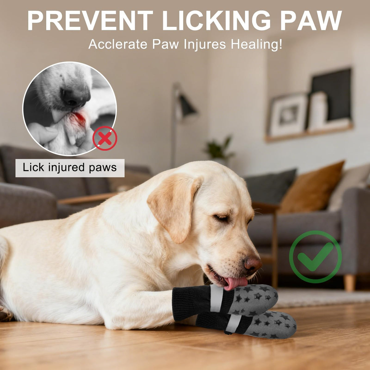Dog Socks to Prevent Licking Paws Double Sided Grip Traction (black / M(2.1"-2.55" W | Pack of 4))
