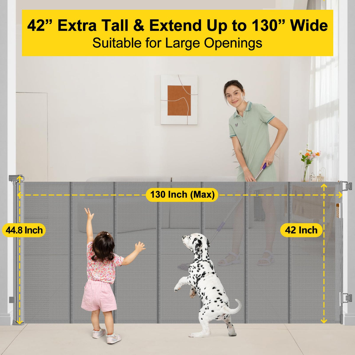 Reinforced 42" Tall x 130” Extra Wide Retractable Baby Gates Tall Dog Gate (Gray / Reinforced 42" Tall X 130" Wide)