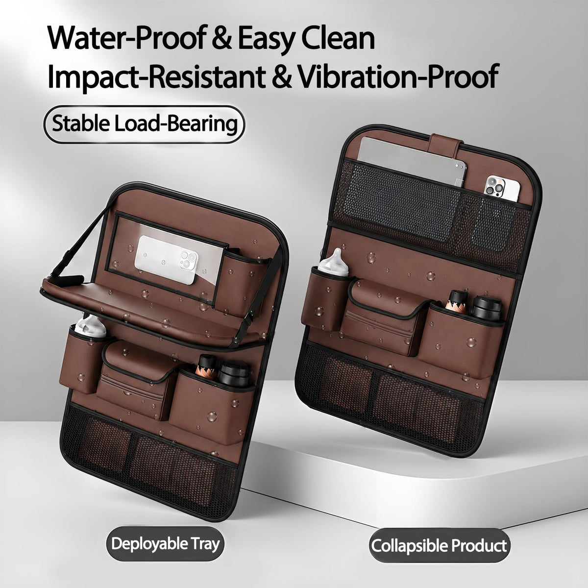 2 Pack Leather Car Backseat Organizer with Foldable Table Tray (Brown)