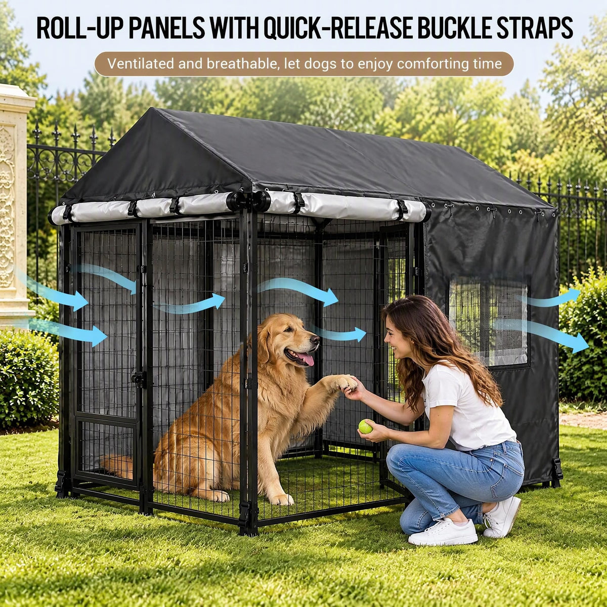 Outdoor Dog Kennel Cover 8x4x6ft with Clear PVC Windows & Roll (8'Dx4'Wx6'H)