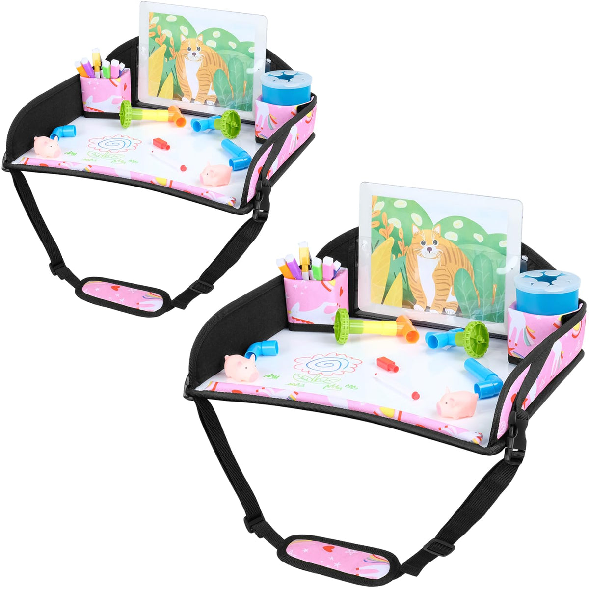 Kids Travel Tray for Car Seat & Airplane (Pink Unicorn -2PCS)