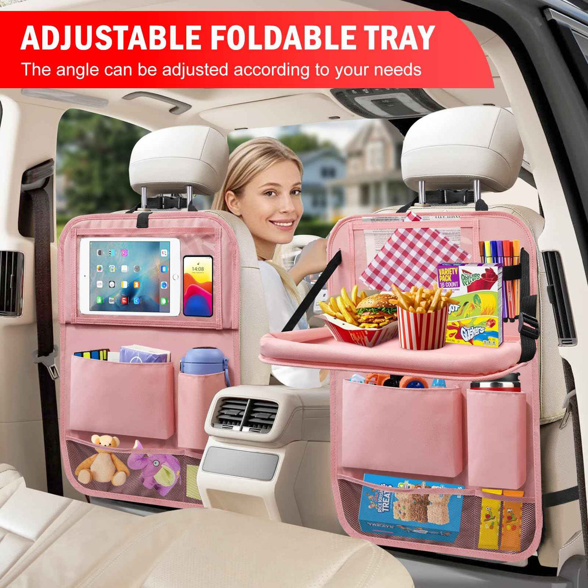 2Pack Back Seat Car Organizer with Tablet Holder & Foldable Table Tray Pink (Pink / 2 Pack with Food Tray)