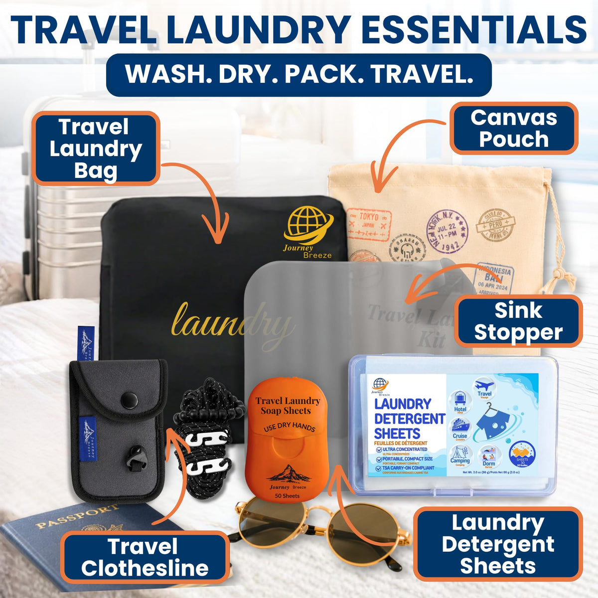 Travel Laundry Detergent Sheets Gift Set (Travel Laundry Kit 6-piece Gift Set)