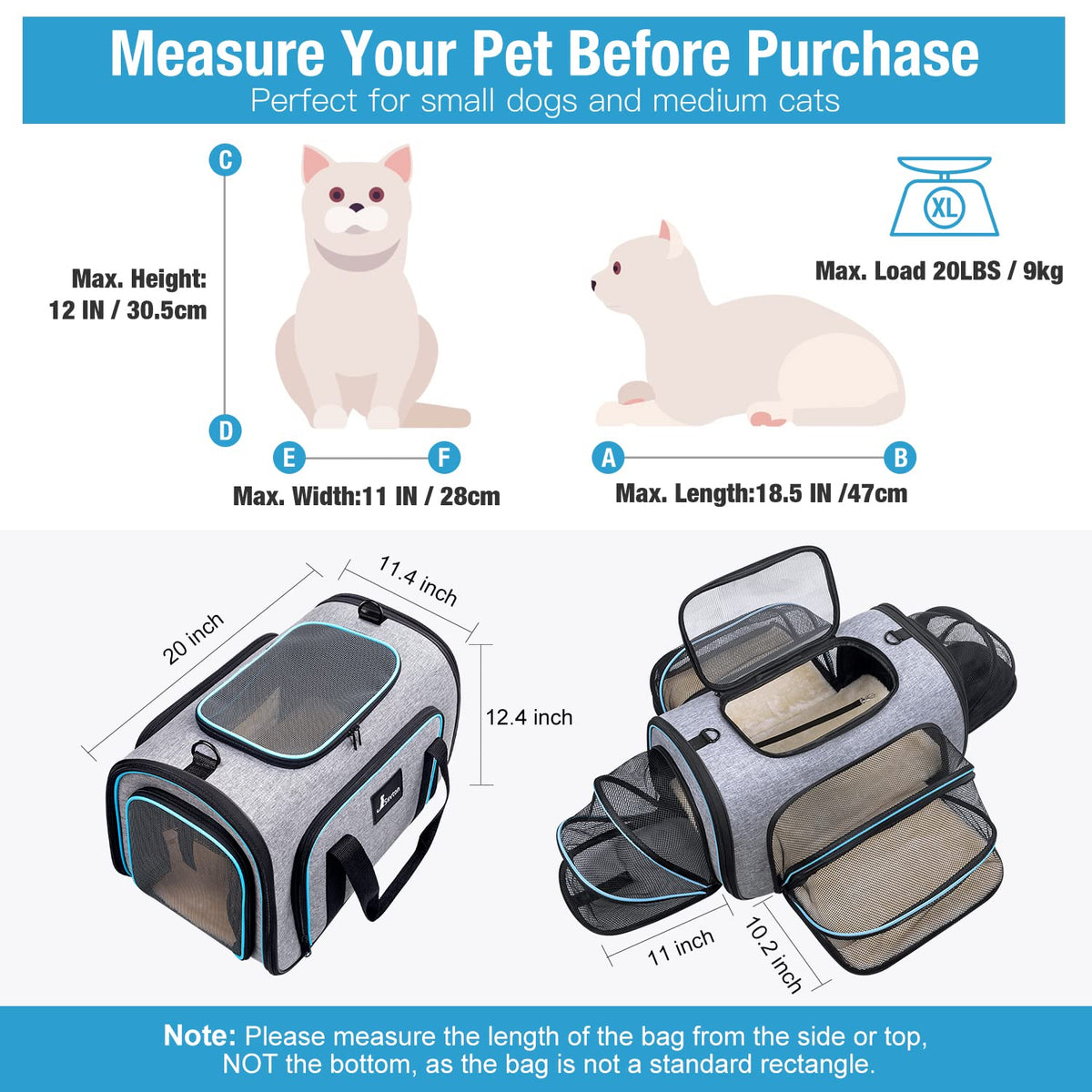 Pet Carrier Airline Approved (20.0"L x 11.4"W x 12.4"H / 4 Extension Gray_Blue)