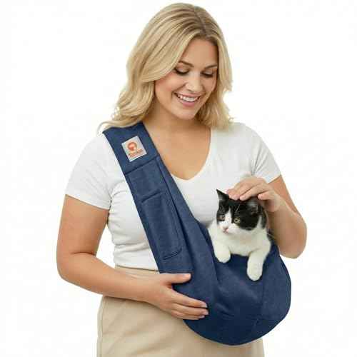Small Dog Cat Sling Carrier Puppy Purse Travel Wrap Soft Crossbody Pet Bag (Dark Blue)