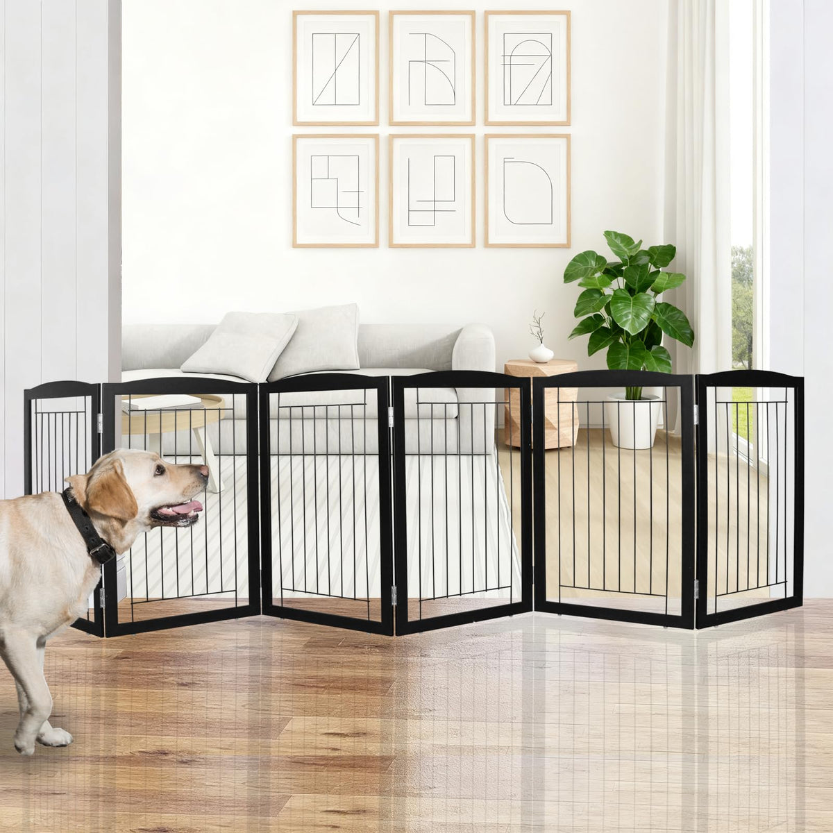 Freestanding Foldable Dog Gate for House Extra Wide Wooden Black Indoor Puppy Gate Stairs Dog Gates Doorways Tall Pet Gate 6 Panels Fence (Black / 【6 Panels】120''w x 32''h)