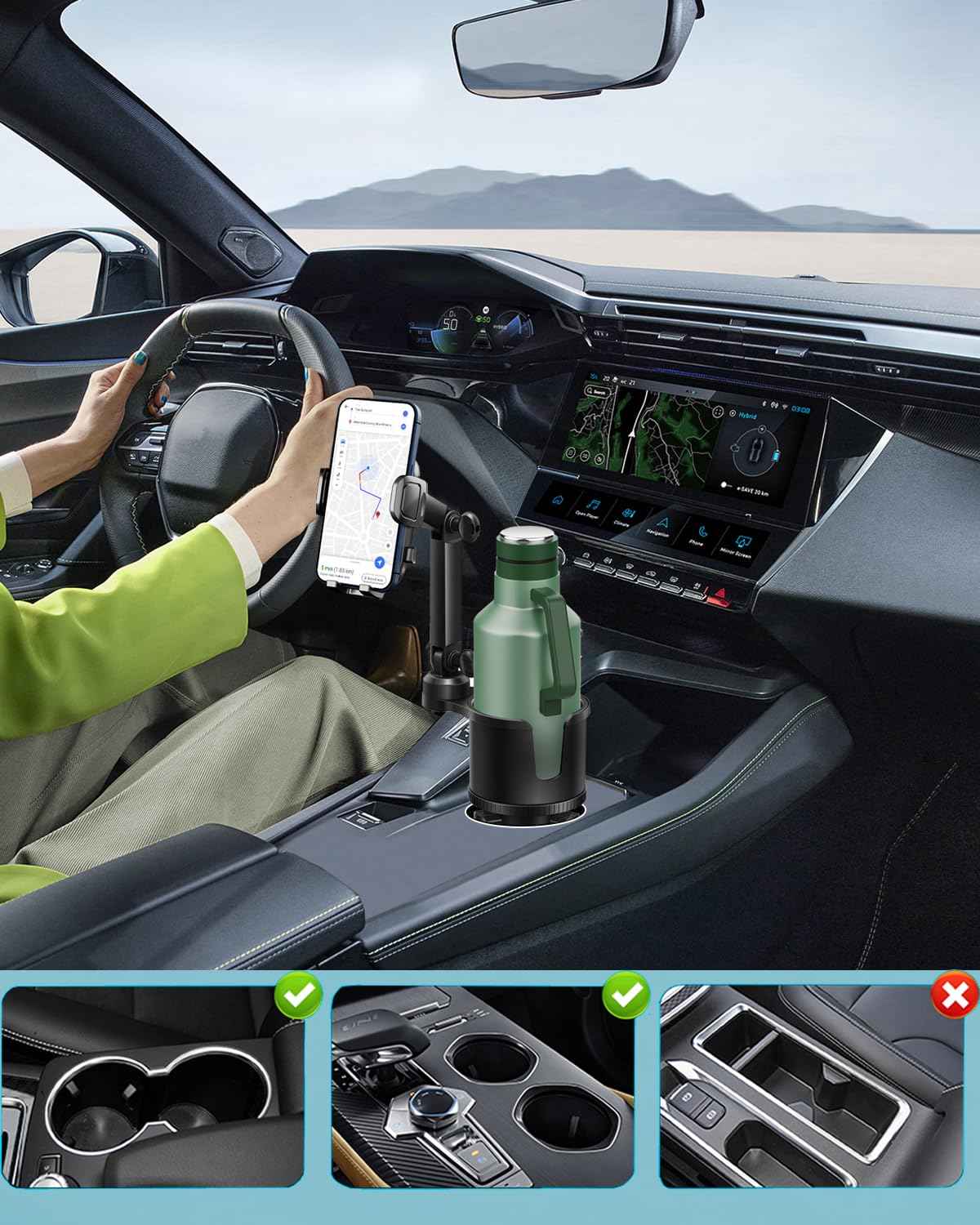 2-in-1 Cup Phone Holder for Car, 360° Adjustable Car Phone Mount (black)