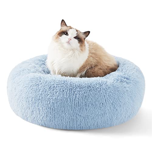 Calming Cat Beds Donut Round Washable Kitten Bed (20"L x 20"W x 6"Th / Light Blue)