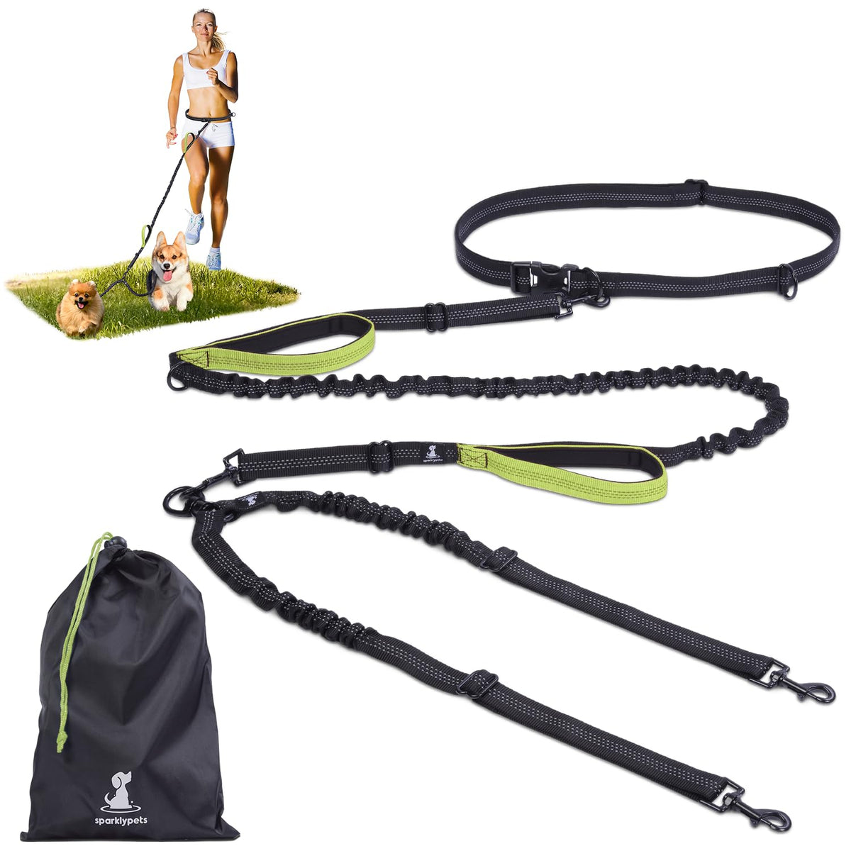 Hands Free Dual Dog Leash (Green / 2 dogs S)