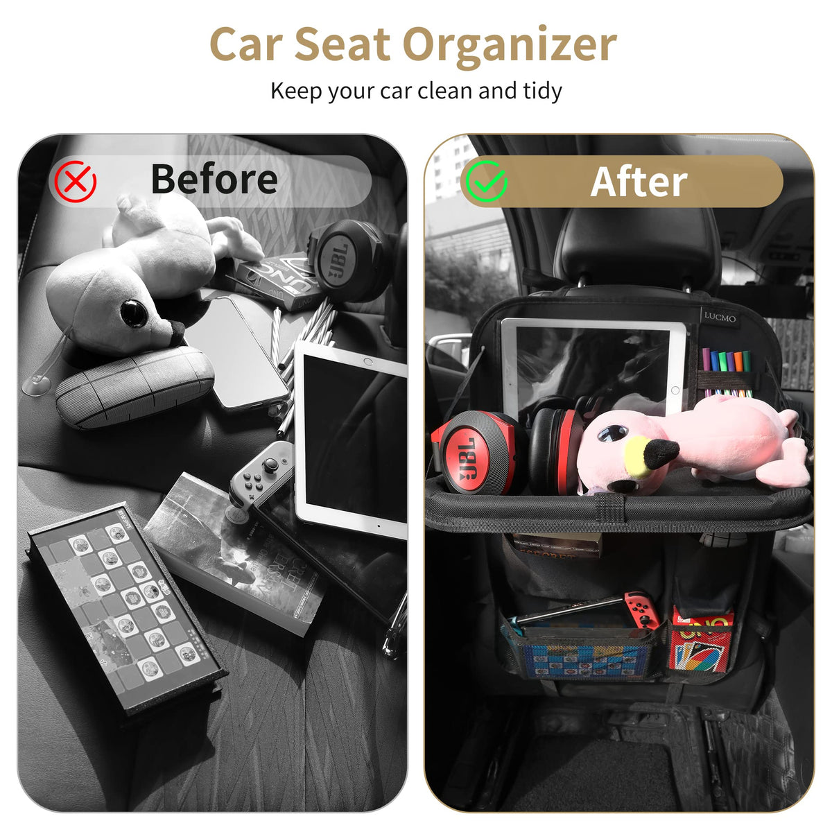 Car Backseat Organizer with Foldable Tablet Holder (Black-2 / 1 Pack with Food Tray)