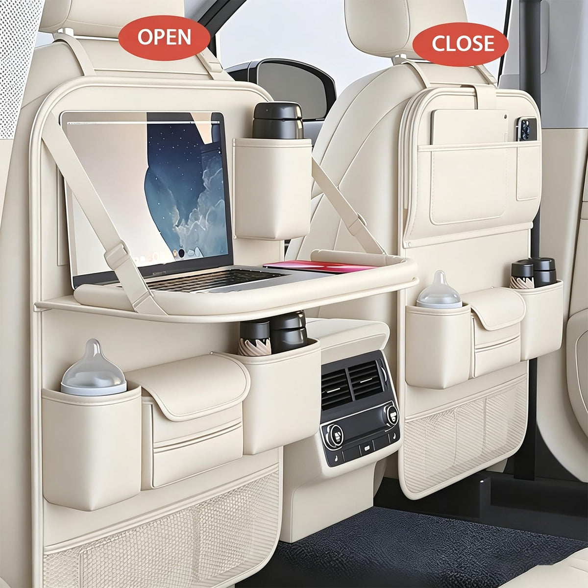 2 Pack Universal Foldable Car Backseat Organizer with Table Tray (2 Pack / Beige)