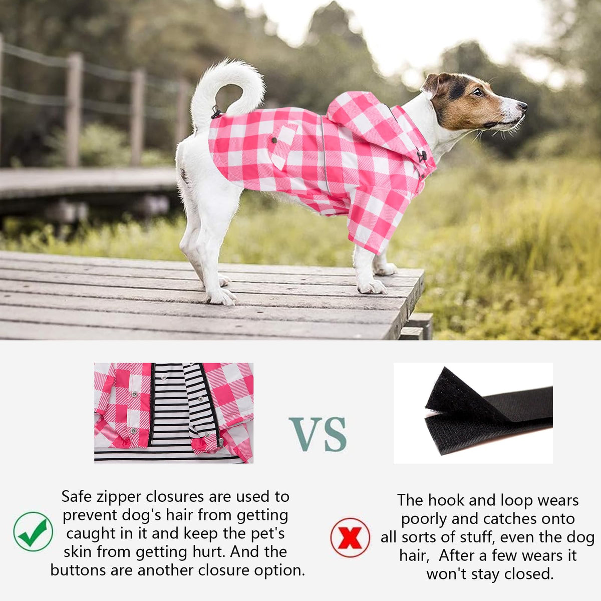 Dog rain Coat Waterproof Raincoat Puppy Jacket with Legs Buttons Zipper Hood Drawstring Fit for Yorkie Terrier Schnauzer Poodle Border Collie Labrador Golden Retriever 8lbs to 80lbs Pink M (Medium / Pink Plaid)