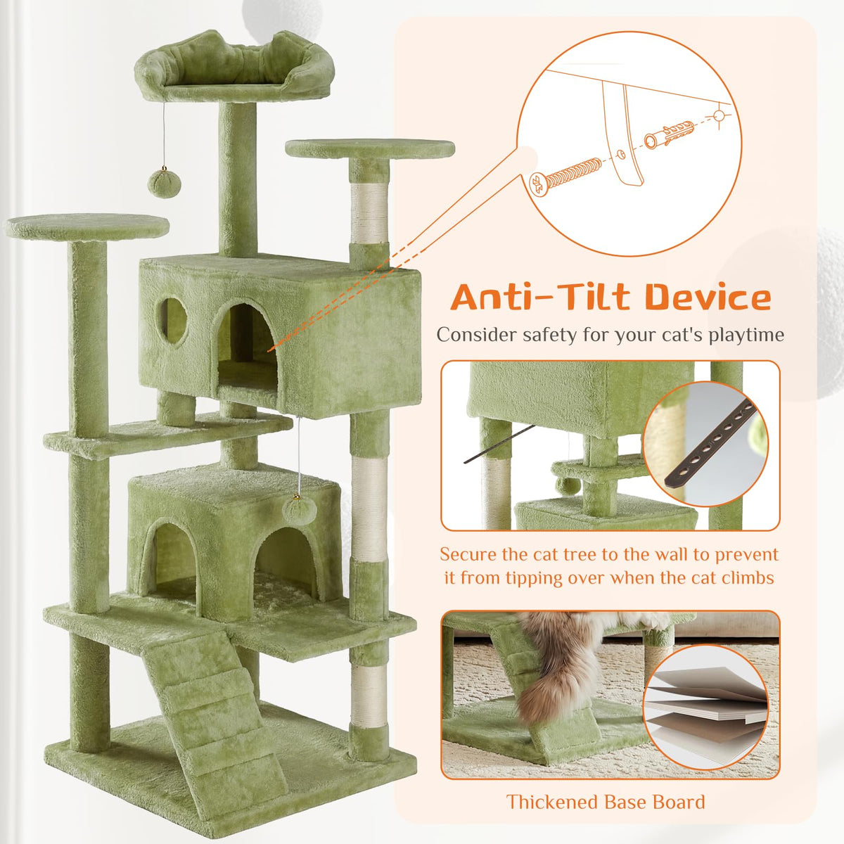 54 Inch Cat Tree Tower with Natural Sisal Scratching Post (Green / 54IN)