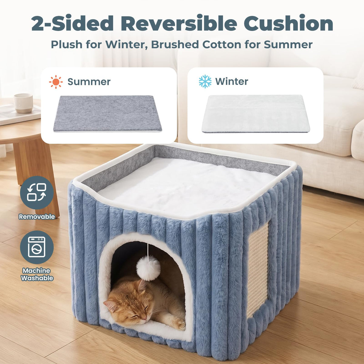 3-in-1 Cat Cave Bed for Indoor Cats with Scratch Pad (Blue)