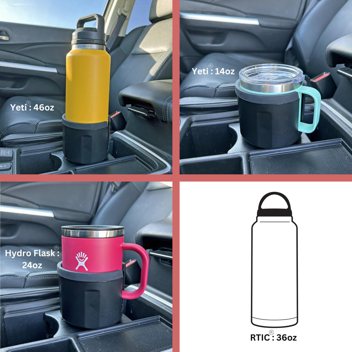 Extra Wide Car Cup Holder Expander (Holds Yeti 14 & 46 oz (Extra Wide Base) / Black)