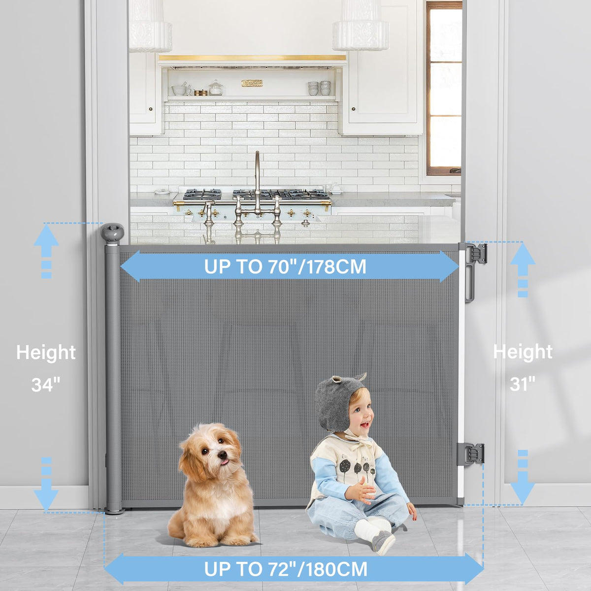 Retractable Baby & Dog Gate (C-grey / 34" Tall x 72" Wide)