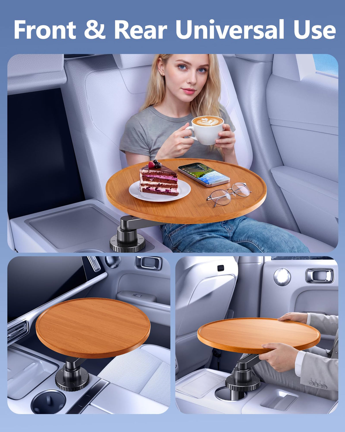 Tesla Model 3 Y Wood Car Cup Holder Tray Table for iPad Laptop Food (12.5"-Round Tray)